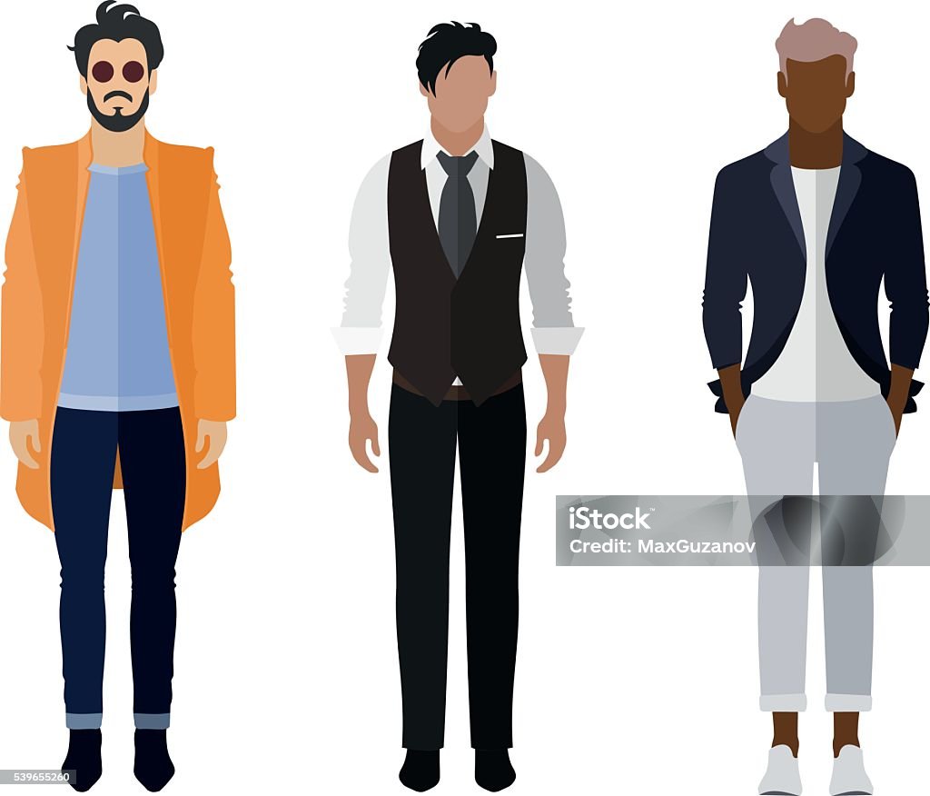 Hombre icono de estilo plano figuras de la gente conjunto: de moda, negocios, smarty - arte vectorial de Hombres libre de derechos
