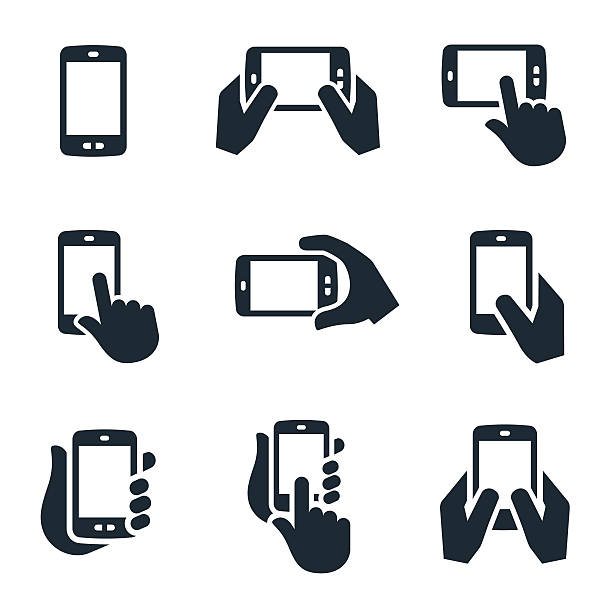 ilustraciones, imágenes clip art, dibujos animados e iconos de stock de smartphone con iconos - hand holding phone