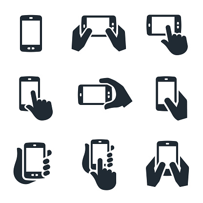 A set of smartphone or mobile phone icons in use. The icons show several different views of hands holding the devices and interacting with them.