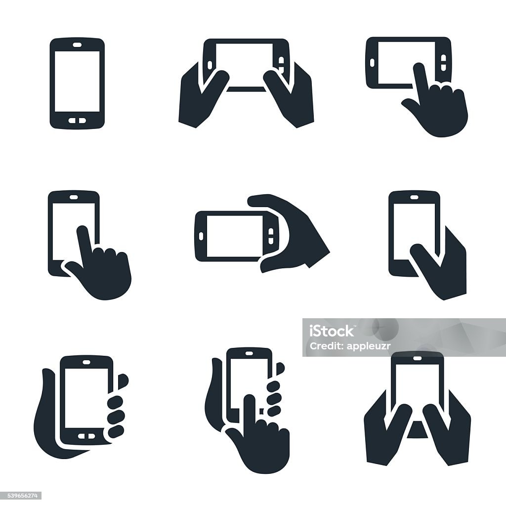Smartphone Icons A set of smartphone or mobile phone icons in use. The icons show several different views of hands holding the devices and interacting with them. Icon stock vector