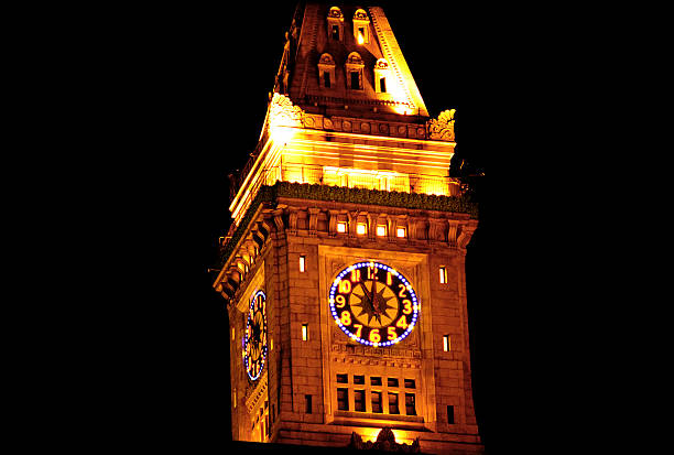 Clock tower of Philadelphia City Hall in fog, Pennsylvania, USA
