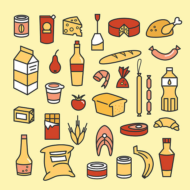 значки продуктов питания - butchers shop butcher meat delicatessen stock illustrations