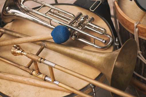 Trumpet, trombone and Bass drum. Samba intruments