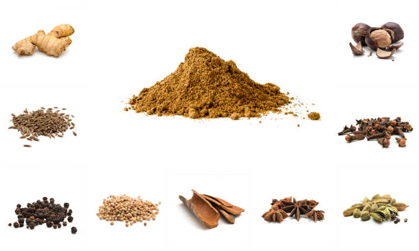 pila di garam masala e ingredienti - cardamom spice indian culture isolated foto e immagini stock