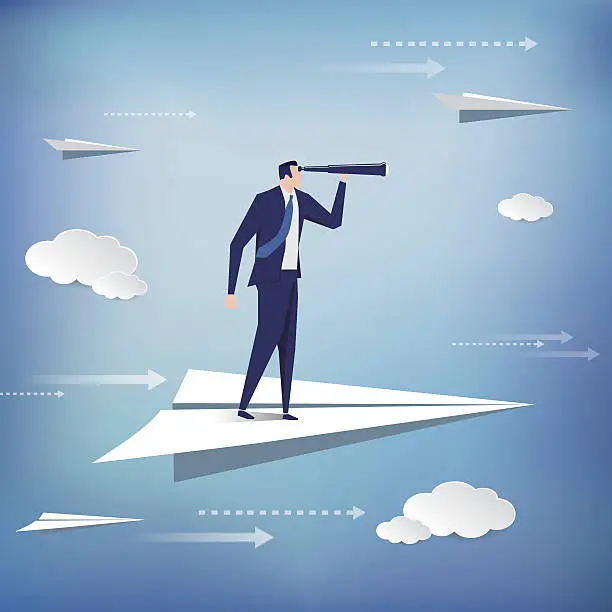 Vector illustration of Businessman standing on the paper plane
