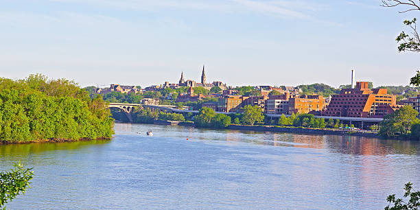 Early morning in historic suburb of Washington DC, USA Georgetown Park Potomac River waterfront with a view on Key Bridge. washington-dc-waterfront stock pictures, royalty-free photos & images