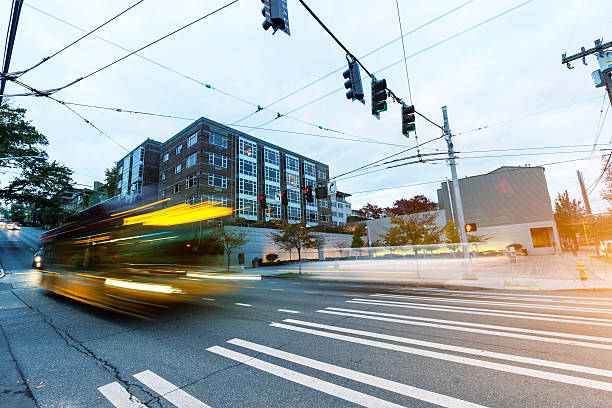 istock blur moving bus at road intersection in seattle 539667178