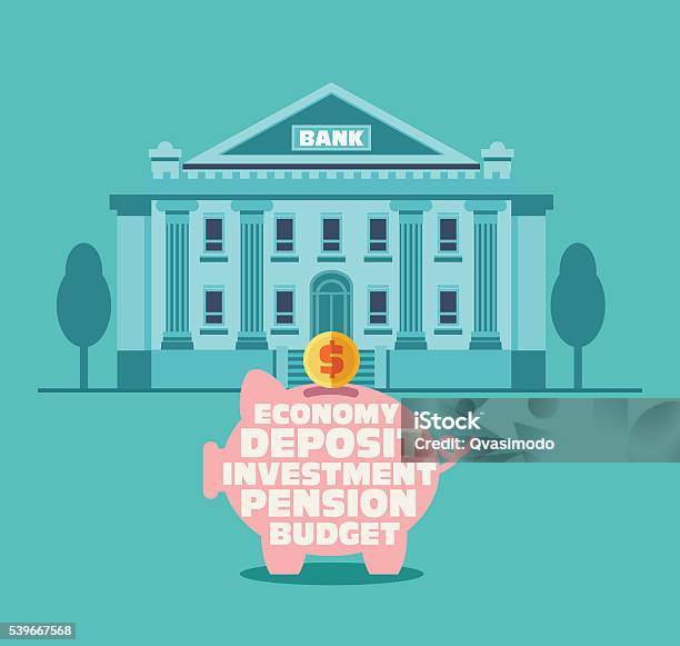 Bank Building In City Street And Piggy Bank Stock Illustration - Download Image Now - Credit Union, Central Bank, Bank Account