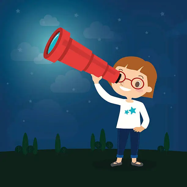 Vector illustration of cute little girl watching through telescope cartoon