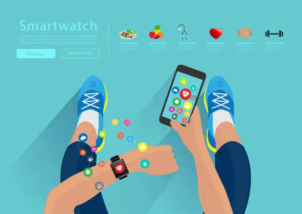 Vector illustration of Fitness woman hand with wearing watchband touchscreen smartwatch
