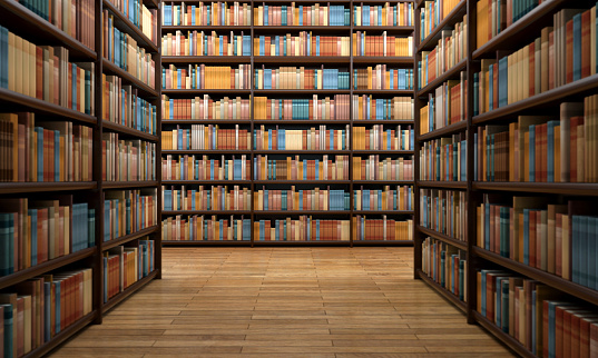 View of a library aisle surrounded by wooden shelves full of books with modern, classic and vintage covers. Hundreds of books create a background for cultural and educational topics. Book spines are blank with neither title nor text. Wooden parquet floor. Warm brown and beige hues. Digital generated image with soft focus on image sides.