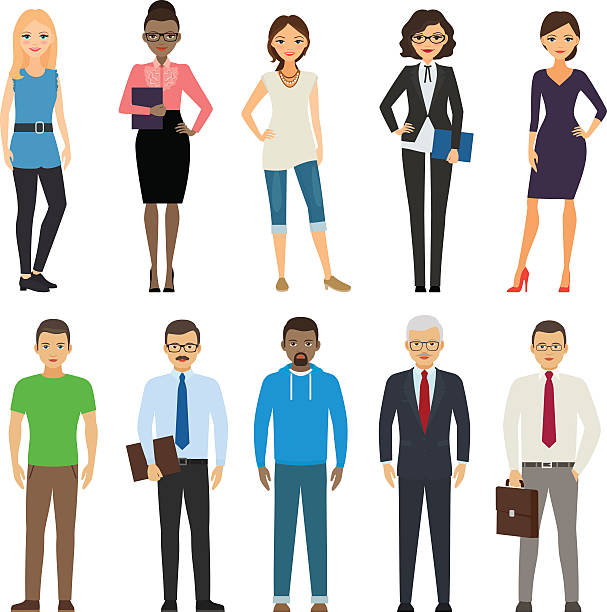 Business and casual dressed people Business dressed and casual dressed people standing on white background. Vector illustration woman necktie stock illustrations
