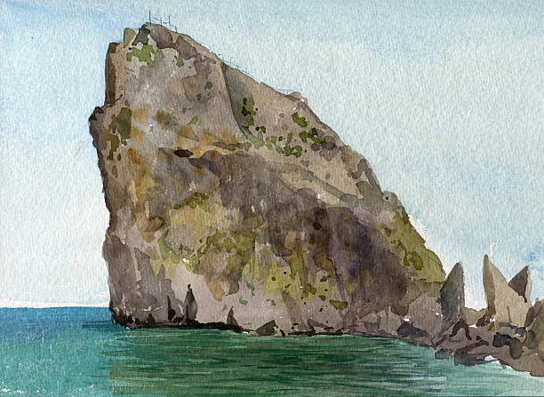 ilustrações, clipart, desenhos animados e ícones de aquarela paisagem do mar - illustration and painting stone beach cliff