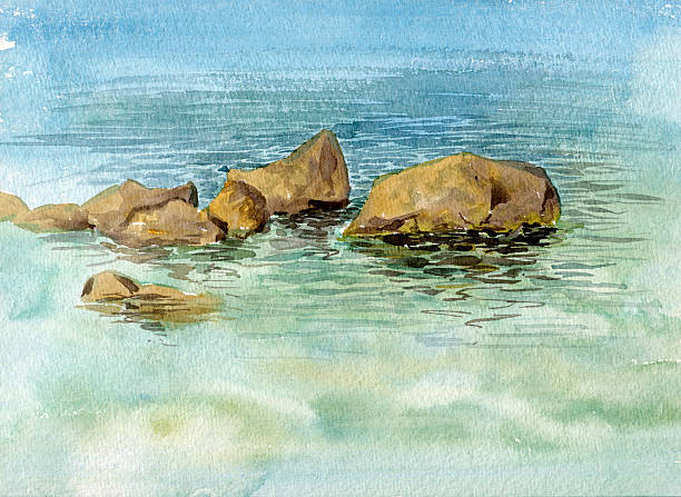 ilustrações, clipart, desenhos animados e ícones de aquarela pedras e água do mar - illustration and painting stone beach cliff