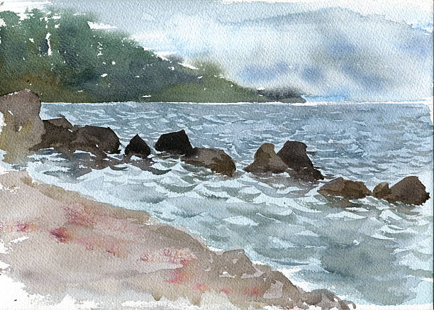 ilustrações, clipart, desenhos animados e ícones de aquarela paisagem com pedras no mar praia - illustration and painting stone beach cliff