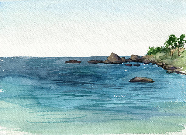 ilustrações, clipart, desenhos animados e ícones de watercolor costa do mar - illustration and painting stone beach cliff