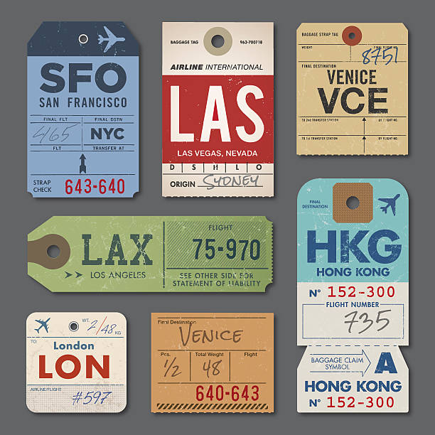 빈티지 수하물 태그 - suitcase travel luggage label stock illustrations