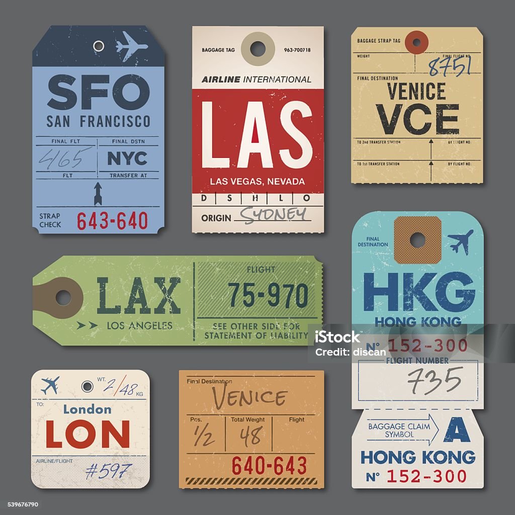 Vintage Luggage Tags Vintage Luggage Tags and Stamps. EPS 10. Suitcase stock vector