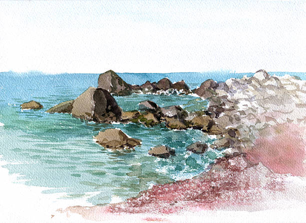 ilustrações, clipart, desenhos animados e ícones de aquarela pedras e água do mar - illustration and painting stone beach cliff