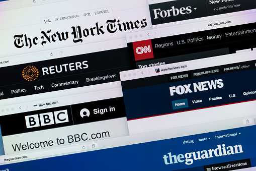 Istanbul, Turkey - June 7, 2016: Top news web sites-The New York Times, BBC, FOX, CNN News ,Forbes, Reuters and The Guardian in Safari browsers on a computer screen.These news web sites the most visited and popular in the world