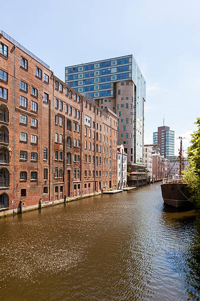 Historic warehouse and modern office buildings at the old harbor of Hamburg-Harburg