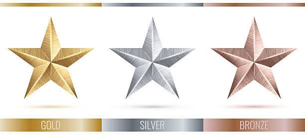 Vector illustration of realistic metallic 3 stars Vector illustration of realistic metallic 3 stars. Metal scratched texture. Decorated set of 3 stars. EPS 10 bronze alloy stock illustrations