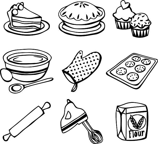 выпечки иконки болван линии искусства - mixing bowl stock illustrations