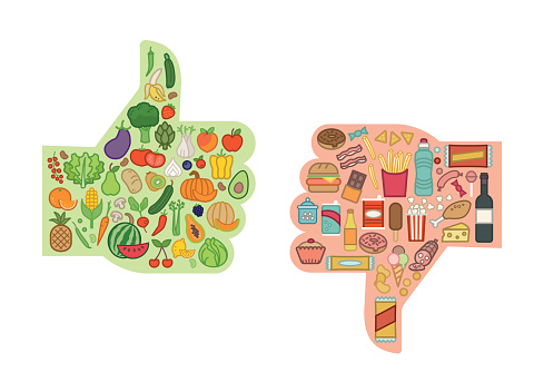 Healthy fresh vegetables and unhealthy junk food comparison with thumbs up and down, healthy eating and diet concept