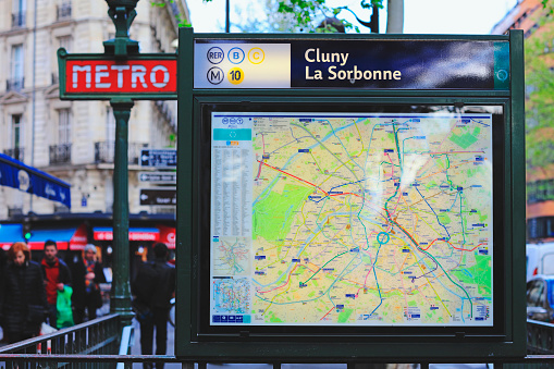 Paris, France - April 28, 2016: Train and metro map of La Sorbonne, Paris . The map shows all the stop of the metro in the 16 station of Paris.