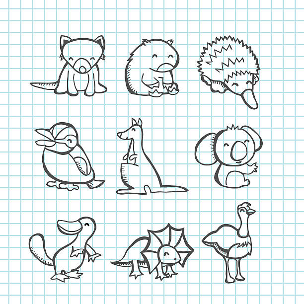 Australian Animals Doodle Line Art A vector illustration of happy australian animals set in line art doodle/scribble drawing style. Included in this set:- tasmanian devil, wombat, echidna, kookaburra, kangaroo, koala bar, platypus, frill neck lizard and emu. The grid background is on a different layer and can be removed. duck billed platypus stock illustrations