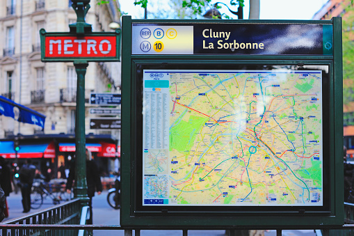 Paris, France - April 28, 2016: Train and metro map of La Sorbonne, Paris . The map shows all the stop of the metro in the 16 station of Paris.