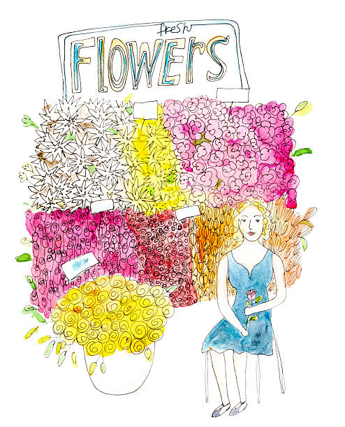 illustrazioni stock, clip art, cartoni animati e icone di tendenza di fioraio commessa in negozio di fiori illustrazione ad acquerello - florist flower shop store owner