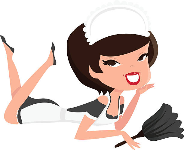 ilustraciones, imágenes clip art, dibujos animados e iconos de stock de contactos de historieta con retro chica acostada de criada francesa - maid french maid outfit sensuality duster