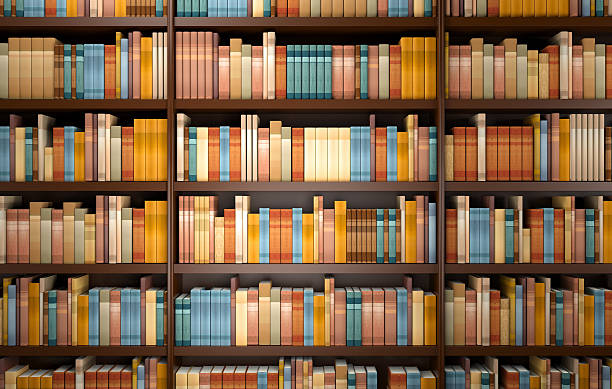 istock Shelves full of books, library background 539686078