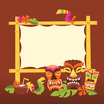 A vector illustration of 1960s retro inspired cute hawaiian luau party blank bamboo sign with tiki statues and tropical birds.