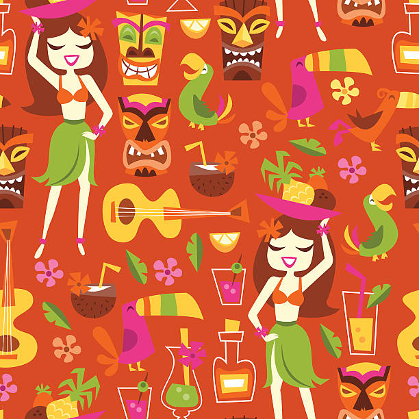 Retro Hawaiian Luau Party Seamless Pattern Background A vector illustration of 1960s retro inspired cute hawaiian luau party seamless pattern background. This orange based novelty pattern is filled with hawaiian girl, cocktails, coconut, pineapple, ukelele, tropical birds, tiki statues and more. grass skirt stock illustrations