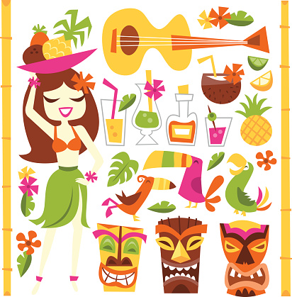 A vector illustration of 1960s retro inspired cute hawaiian luau party design elements set. Included in this set:- hawaiian girl, cocktails, coconut, pineapple, ukelele, tropical birds, tiki statues and more.