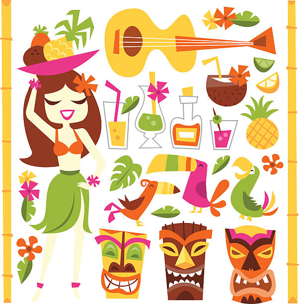 Retro Hawaiian Luau Party Set A vector illustration of 1960s retro inspired cute hawaiian luau party design elements set. Included in this set:- hawaiian girl, cocktails, coconut, pineapple, ukelele, tropical birds, tiki statues and more. grass skirt stock illustrations