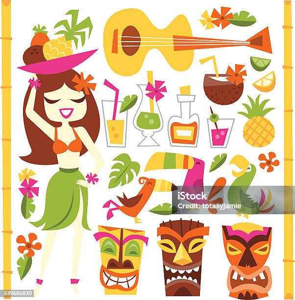 Retro Hawaiian Luau Party Set Stock Illustration - Download Image Now - Tiki, Luau, Hula Dancing