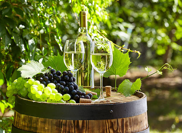 istock Glass of wine an old barrel and grape 539686950