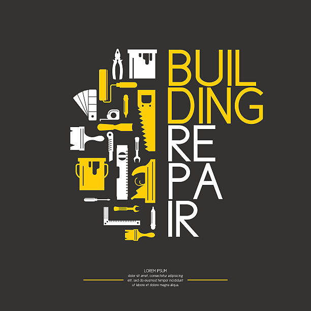 Hand tools for home renovation and construction. Tools in a bright, flat style. Building and house repair. Roller, brush, paint, pencil, tool, hammer, tape measure, putty knife, pencil.