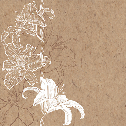 Lily. Monochrome floral background with space for text, vector illustration on kraft paper.  Can be greeting card, invitation, design element.