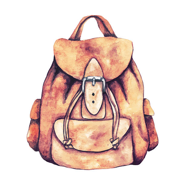 Travel leather backpack.Watercolor illustration. Travel leather backpack.Watercolor vector illustration. how to draw a school building clip art stock illustrations