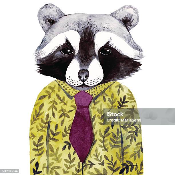 Watercolor Cute Illustration With Raccoon In Green Shirt Stock Illustration - Download Image Now