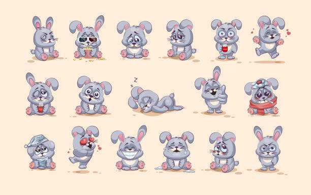 isolated Emoji character cartoon Gray leveret stickers emoticons with different Set Vector Stock Illustrations isolated Emoji character cartoon Gray leveret stickers emoticons with different emotions for site, info graphic, video, animation, websites, e-mails, newsletters, reports, comics hare and leveret stock illustrations