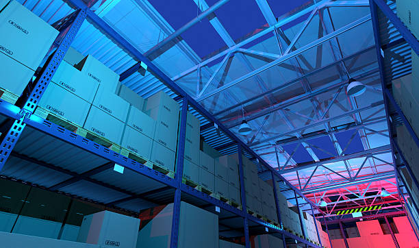 istock Industrial warehouse full of goods, illuminated with blue light 539816426
