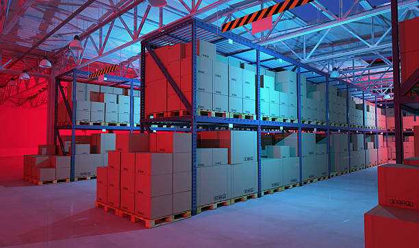istock Modern distribution warehouse illuminated at night, with goods and merchandise 539817196
