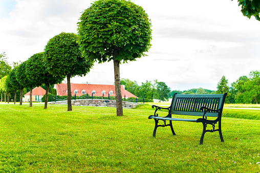 Ancient bench in green garden of Rundale in Latvia. Outdoors.