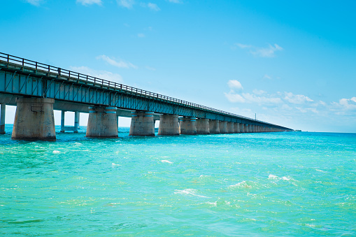 View of historic old 7 Mile Bridge in the Florida Keys over tropical water