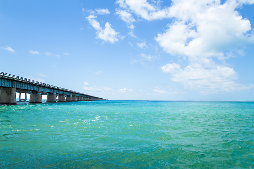 View of historic old 7 Mile Bridge in the Florida Keys over tropical water